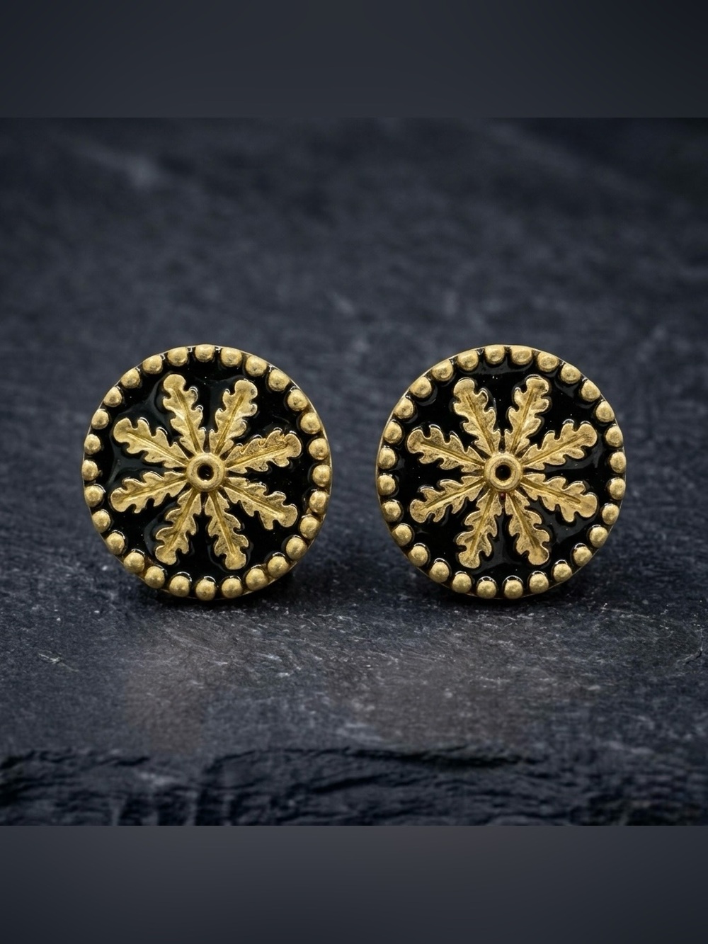 Vintage 90s WHHA White House Black Enamel Snowflake Gold Tone Clip Earrings